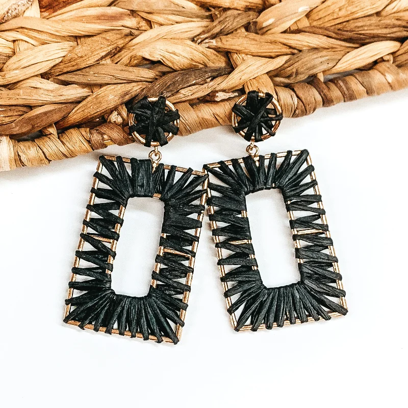 Drop Earrings for Prom Night -Cabana Bound Raffia Wrapped Gold Rectangle Drop Earrings in Black