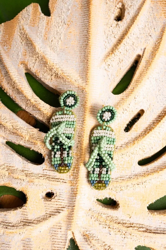 Nickel Free Drop Earrings for Safety -SALE! Palm Tree Mint Flip Flop Seed Bead Earrings