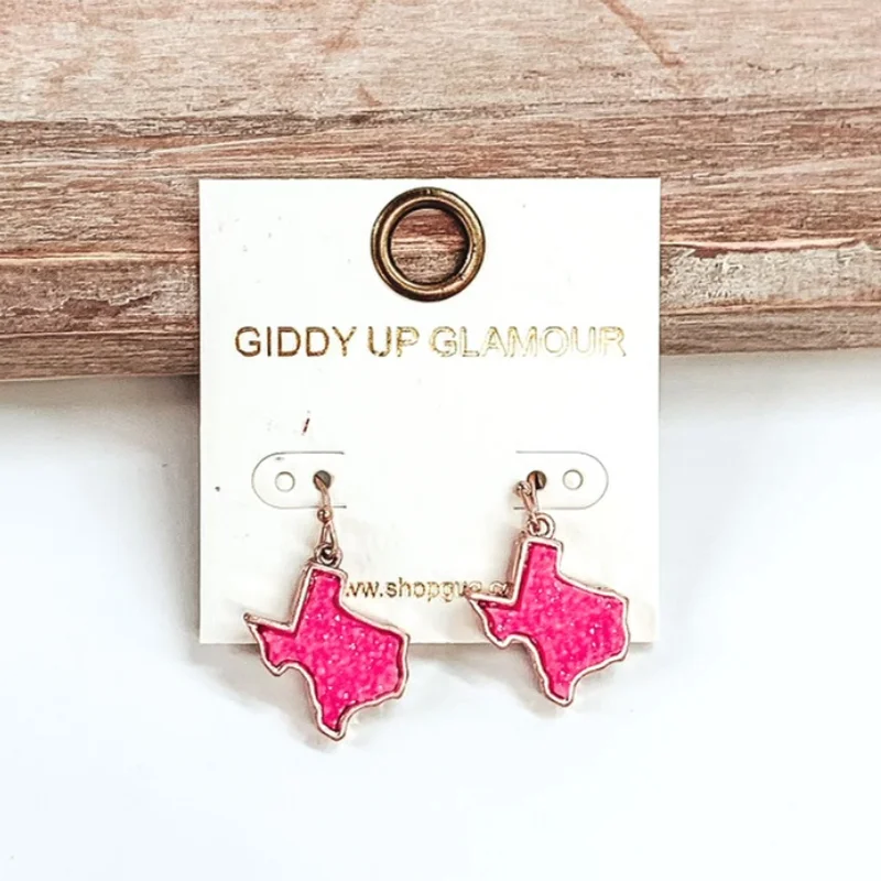 Drop Earrings for School Uniform -Druzy Texas Shaped Dangle Earrings in Neon Pink