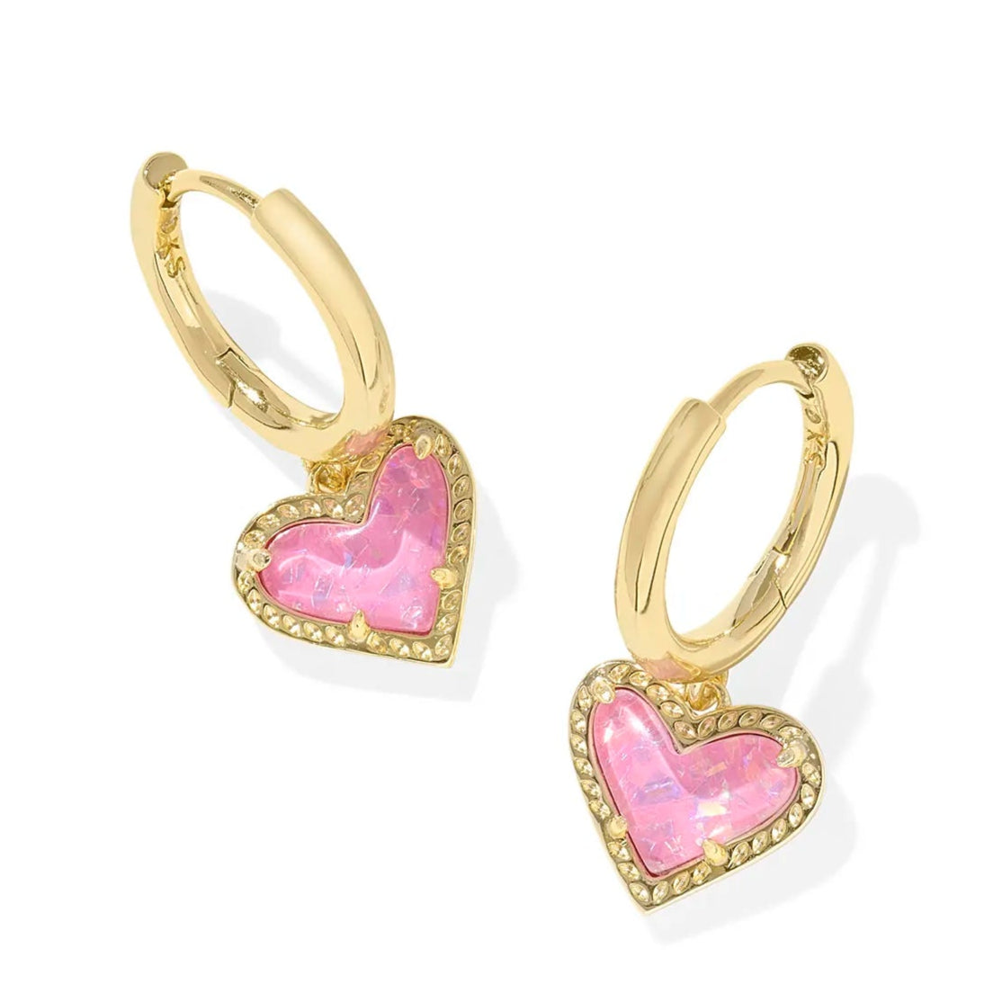 Drop Earrings with Crown Designs -Kendra Scott | Ari Heart Gold Huggie Earrings in Pink Iridescent Glitter Glass