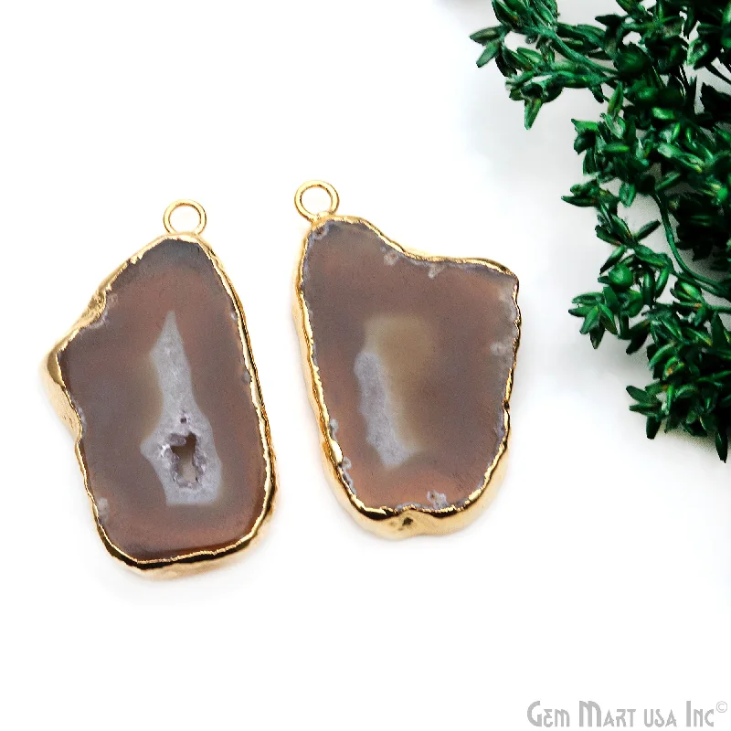 Simple rings with polished black onyx shine -Agate Slice 39x21mm Organic Gold Electroplated Gemstone Earring Connector 1 Pair