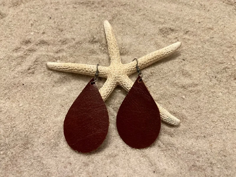 Hypoallergenic Drop Earrings for Sensitive -B. Light Earrings - Maroon Teardrop Leather Earrings