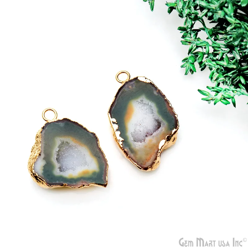 Rings with natural amber for warm glow -Geode Druzy 35x20mm Organic Gold Electroplated Single Bail Gemstone Earring Connector 1 Pair