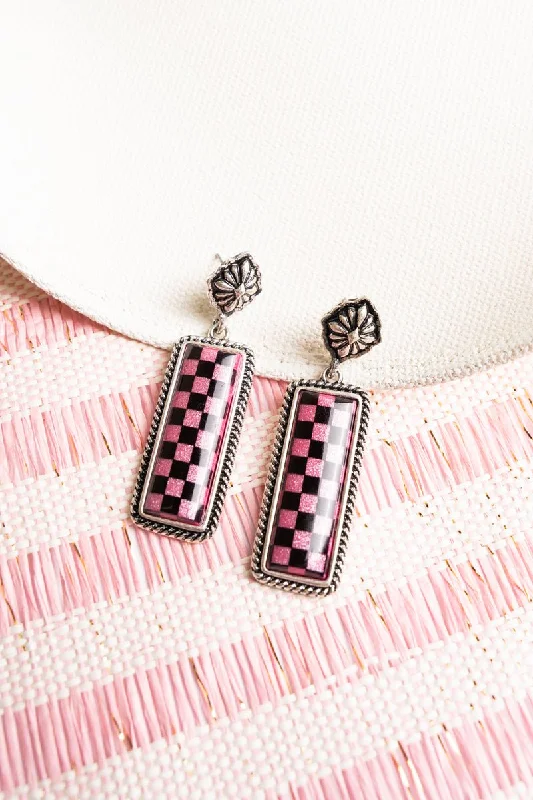 Heavy Duty Drop Earrings for Durability -TIPI Fuchsia Cool Valley Check Bar Earrings