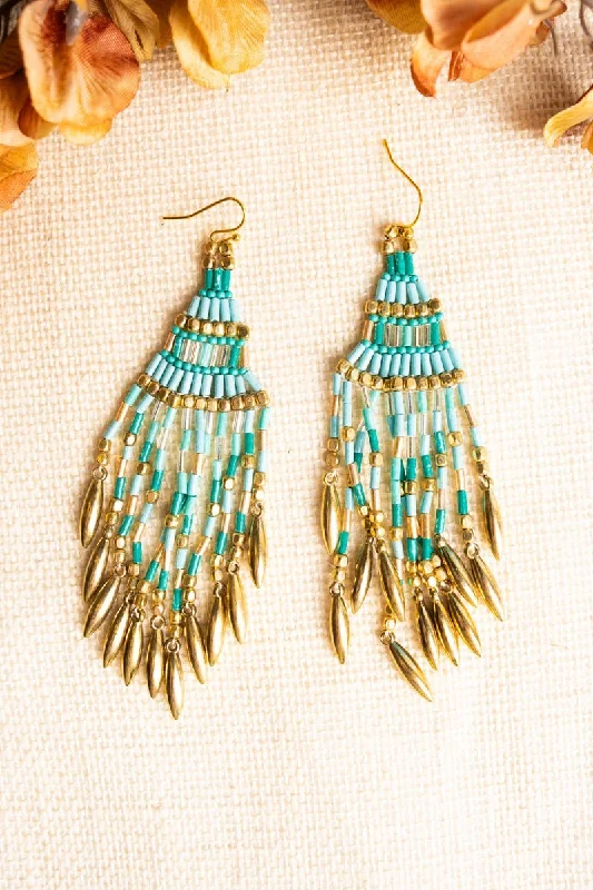 Drop Earrings with Knot Designs -SALE! Golden Touch Mint Seed Bead Fringe Earrings