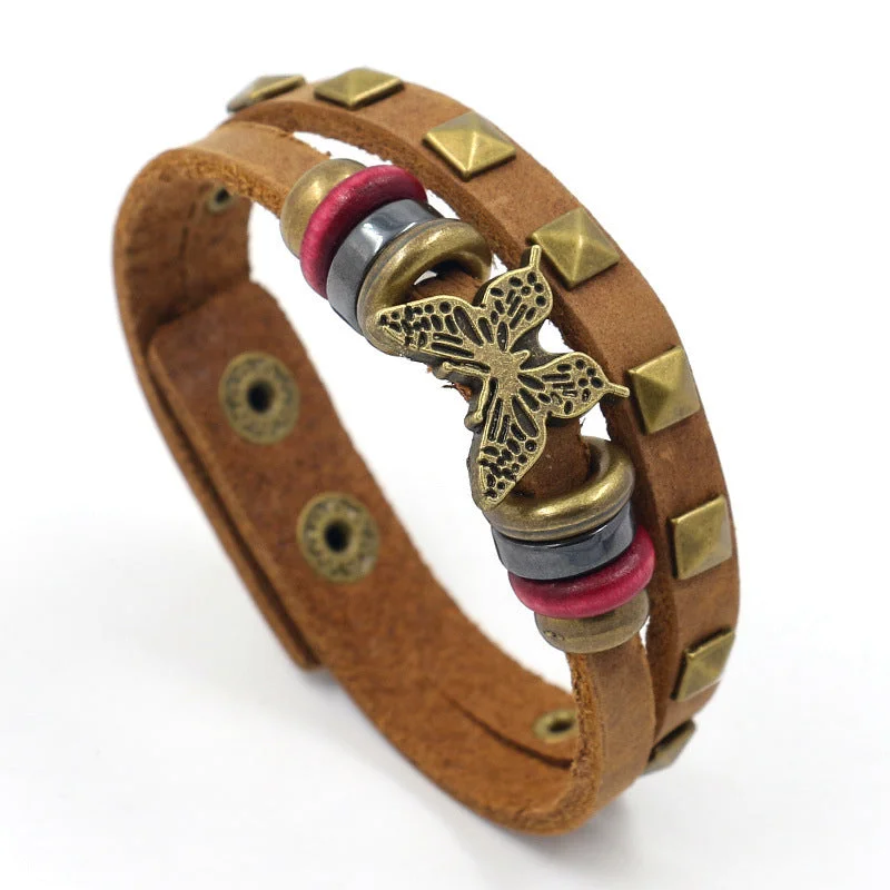 Bracelets with floral sapphire for romantic glow -Wholesale butterfly leather bracelet alloy rivet bracelet