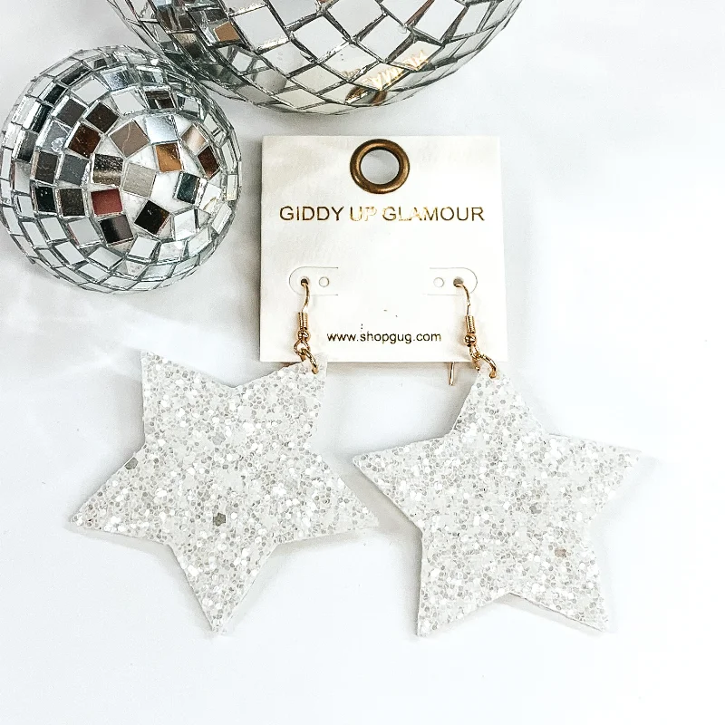 Drop Earrings for Yoga Session -Glitter Star Earrings in White