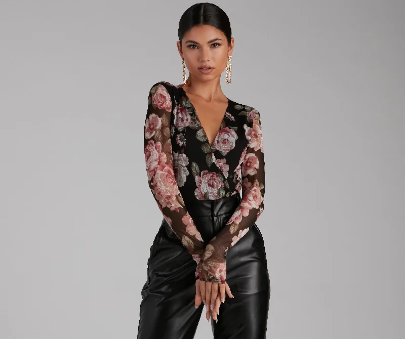 Necklaces and pendants with feather designs for a boho-chic, carefree vibe-Autumn Roses Plunge Surplice Mesh Bodysuit