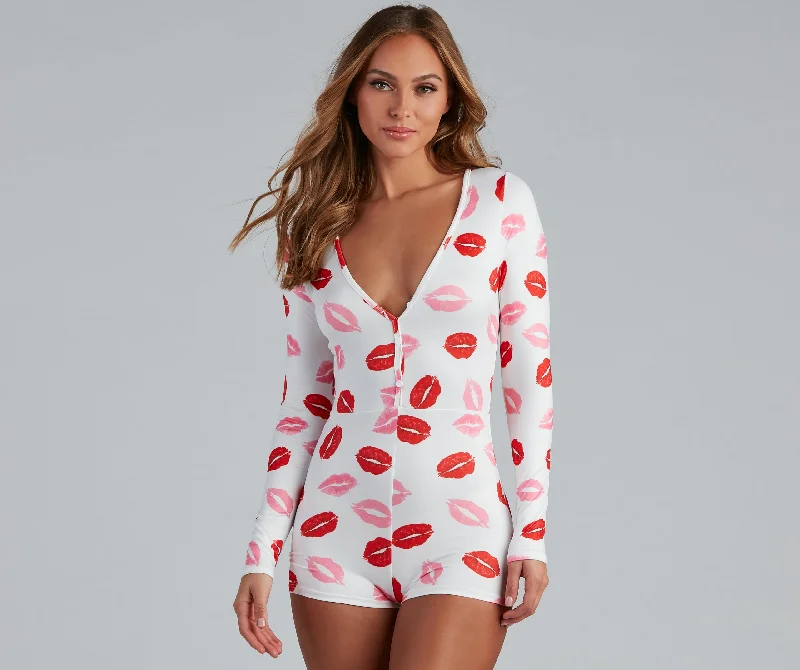 Best necklaces and pendants with black diamonds for an edgy, bold statement-Bedtime Kiss Lip Print Pajama Romper