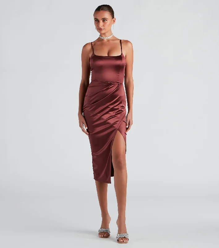 Red Dresses for Statement -Cocktail Glam Satin Midi Dress