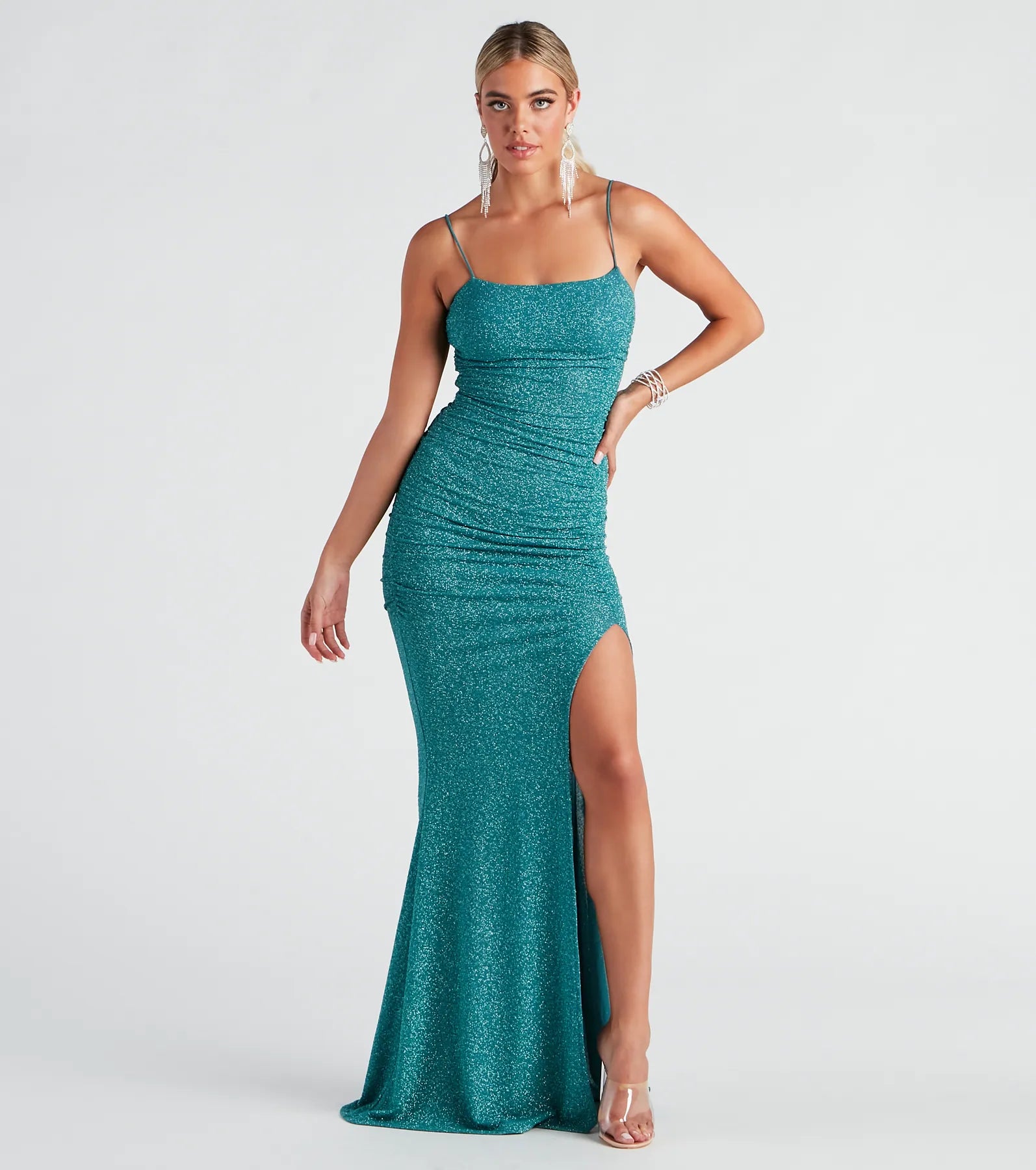 Tiered Dresses for Voluminous -Hayden Ruched Glitter Knit Mermaid Dress