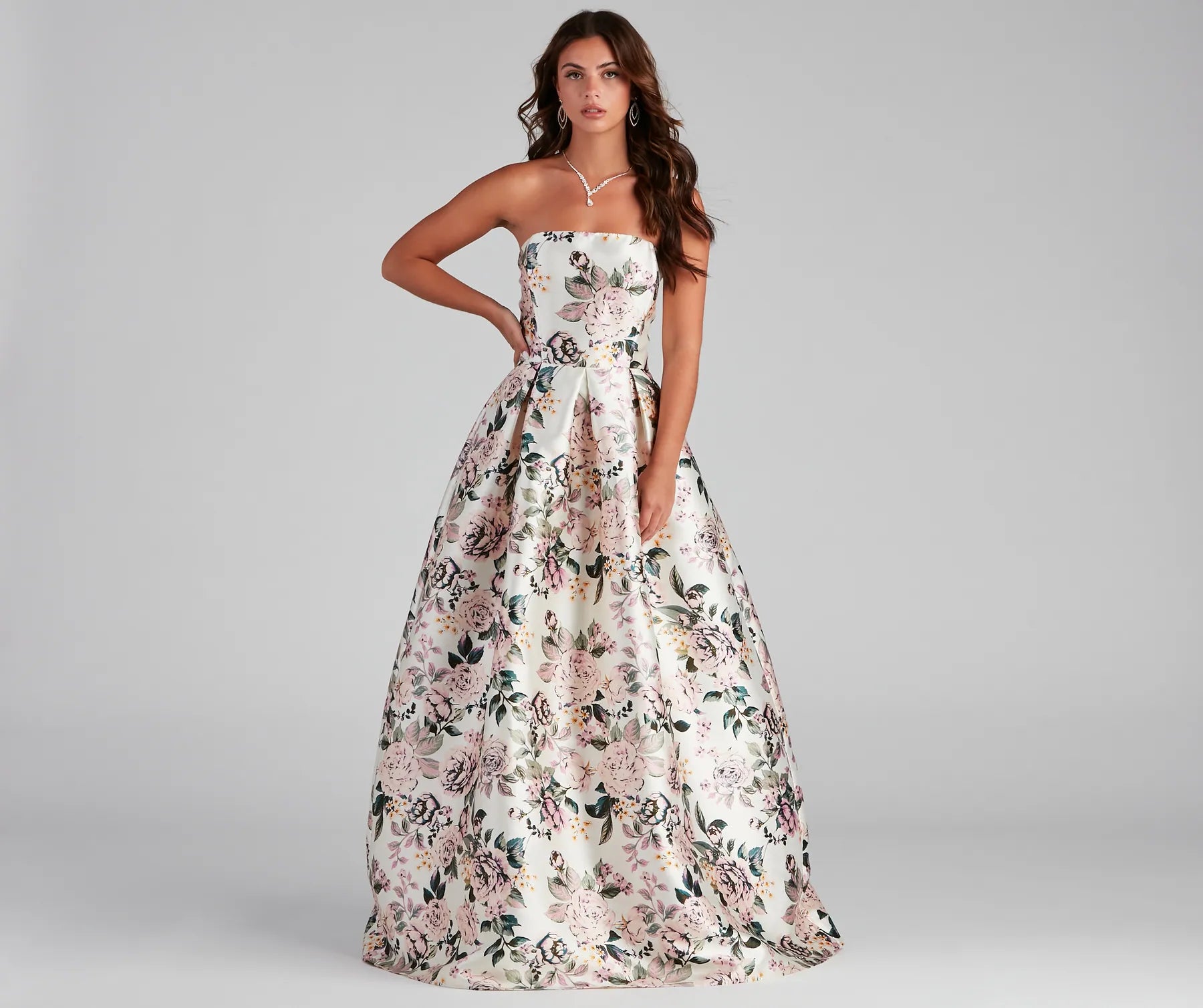 Layered necklaces and pendants for a trendy and fashionable stacked look-Holland Strapless Floral Ball Gown