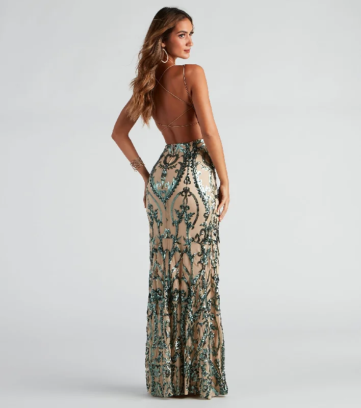 Halter Dresses for Chic Style -Natalie Sequin Scroll Formal Dress