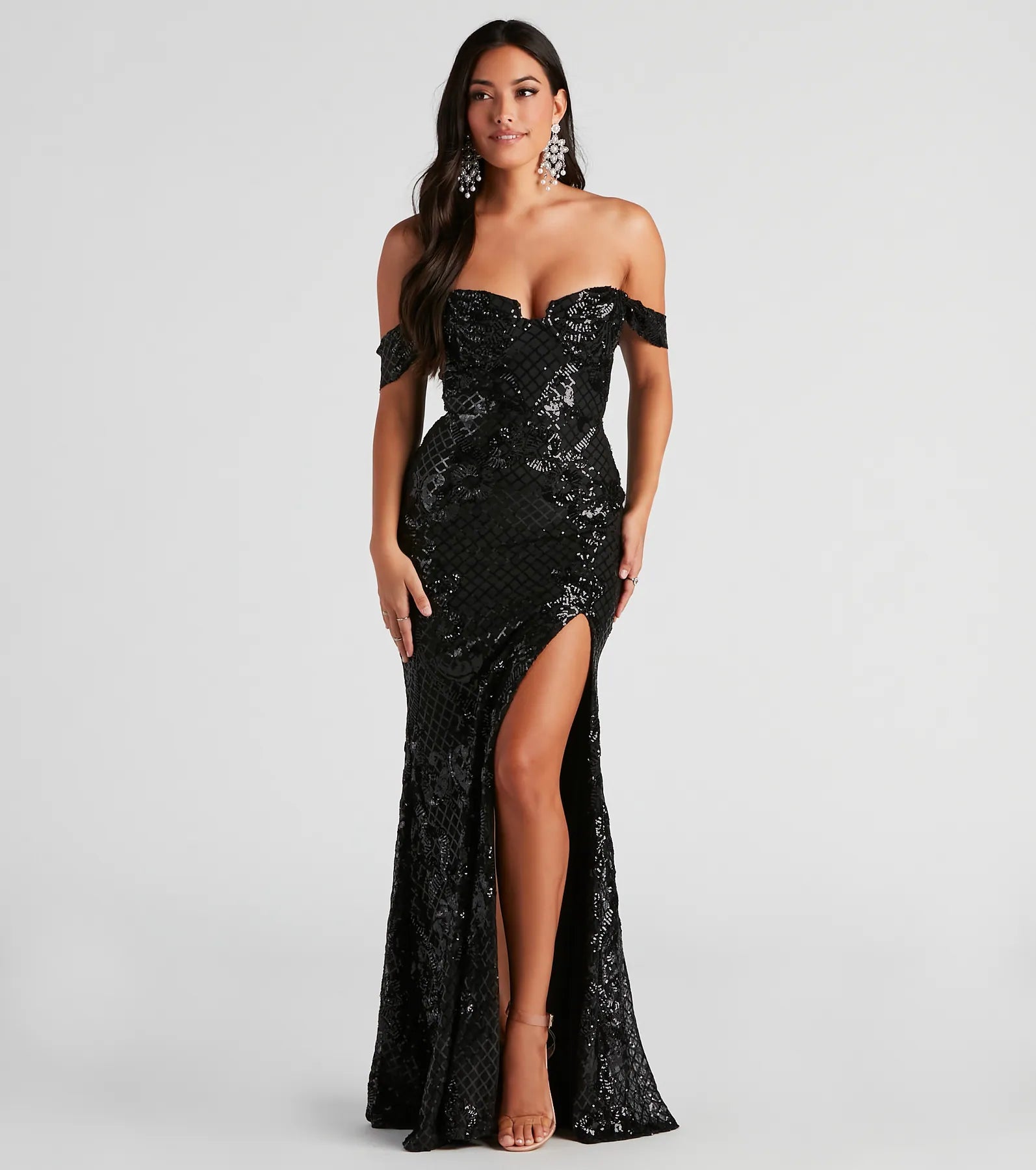 Faux Leather Dresses for Affordable -Penelope Off-The-Shoulder Sequin Mermaid Dress