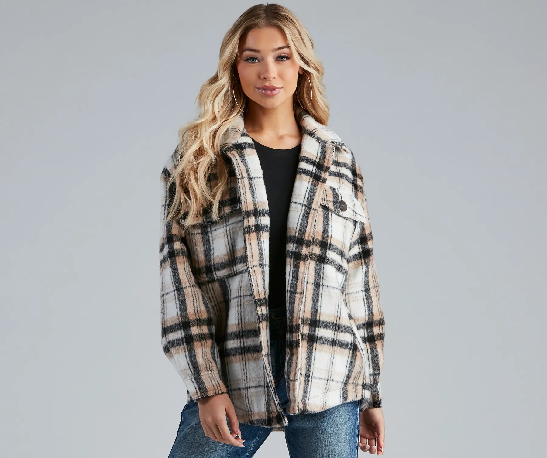 Best necklaces and pendants with oval pendants for a classic, elegant shape-S'more Plaid Faux Fur Woven Shacket